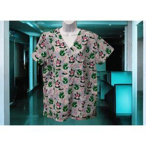 Samantha Mara Womens Medical Scrub Size L White Green Frogs Pink Ribbons Pockets